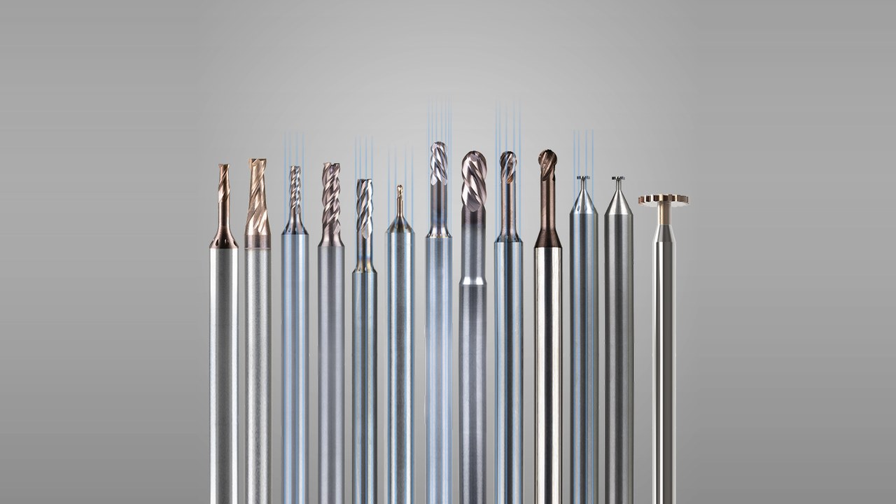 HB microtec ACTIONMILL and TARGETMILL solid carbide milling range — square, ball nose, tapered and T-slot cutters with internal coolant