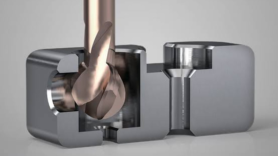 HB microtec INOX Groover plunge milling a slot in a steel component, sectioned view