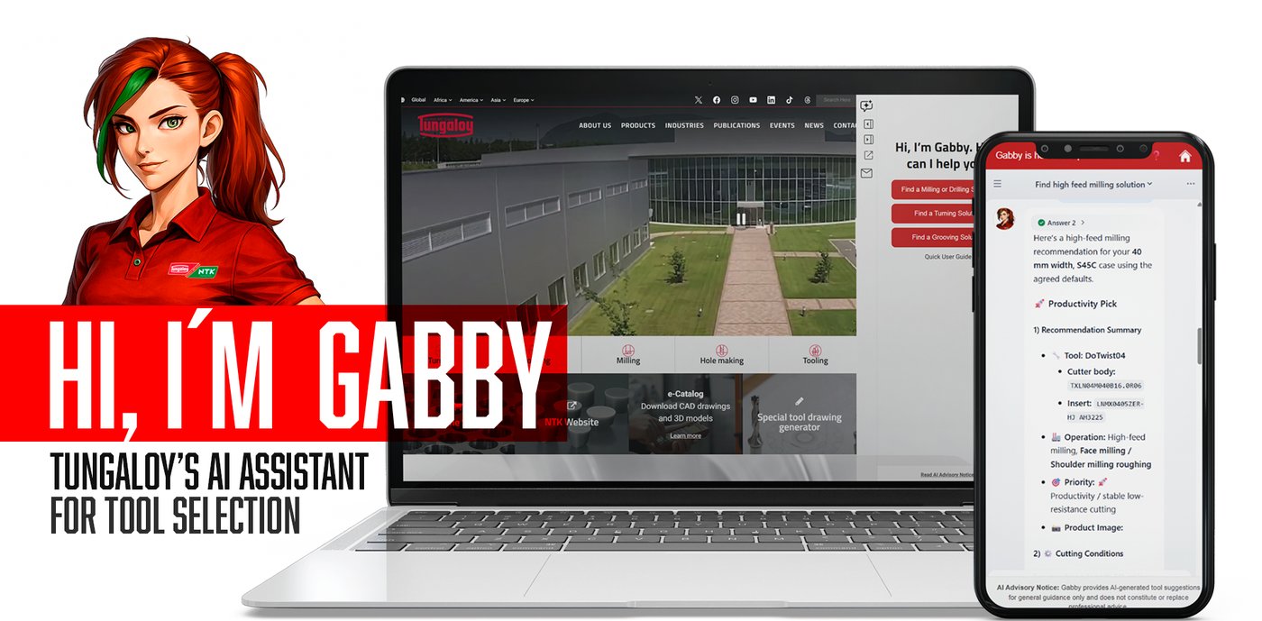 Hi, I'm Gabby — Tungaloy NTK's AI assistant for tool selection, shown on a laptop and phone returning a milling tool recommendation