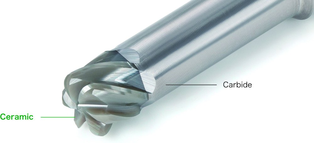 NTK CERAMATIC Brazed end mill — SX9 SiAlON ceramic cutting end brazed to a carbide shank