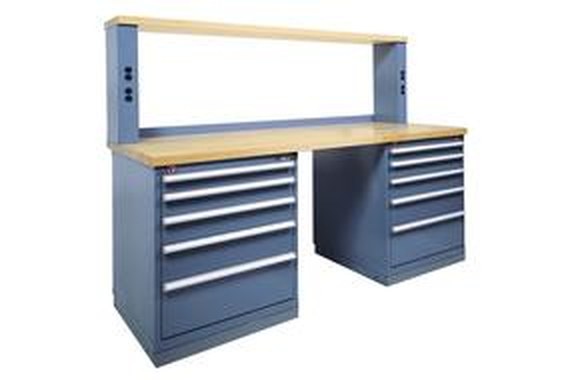 Stor-Loc workstation with modular drawer cabinets under a hardwood bench top