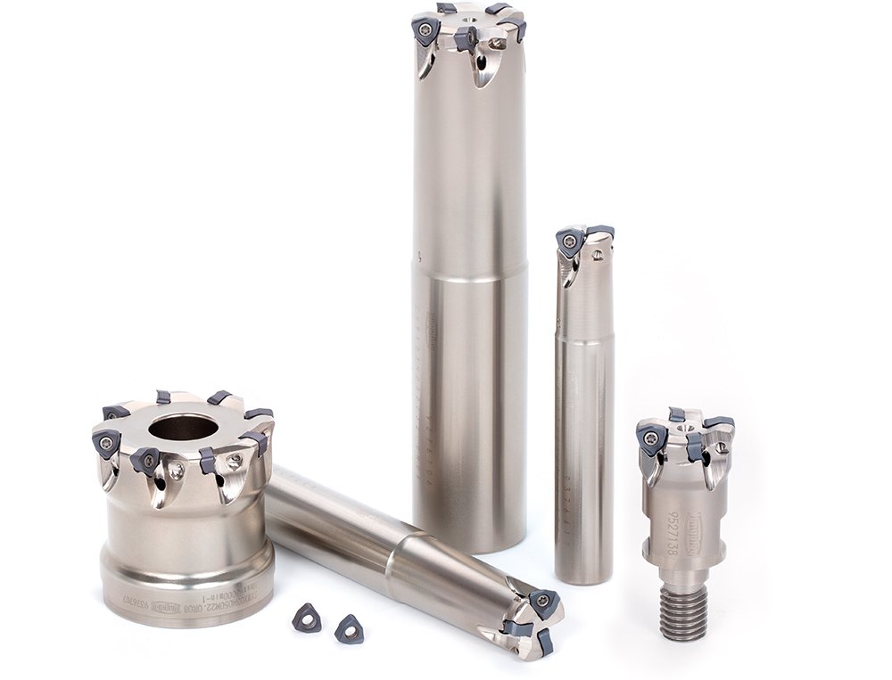 Tungaloy DoFeedTri high-feed milling cutter family — face mill, end mills and screw-on head with double-sided inserts